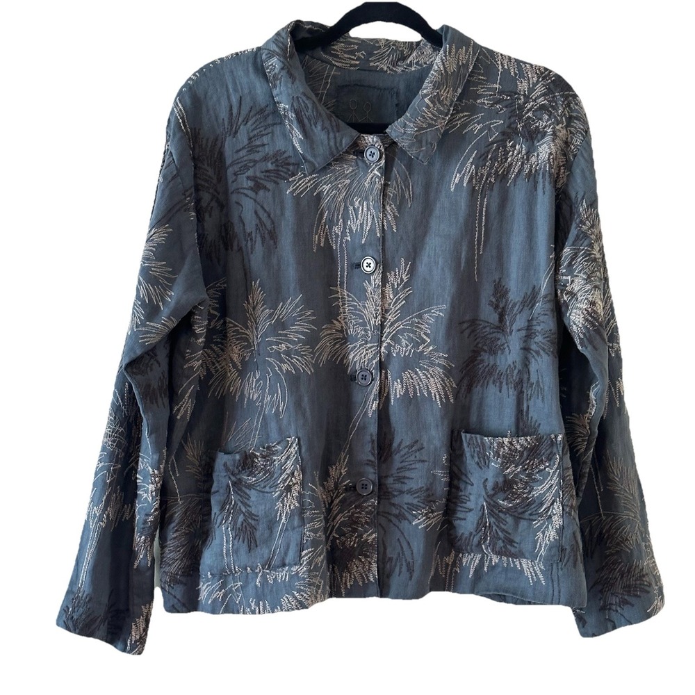 Johnny Was Blue Button Up Linen Blazer Top Pockets Embroidered Palm Trees Sz S